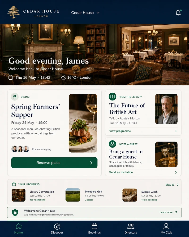 Cedar House private members club app concept showing dining, library events and guest invitations