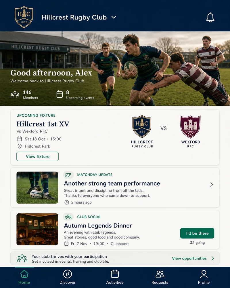 Hillcrest Rugby Club member app showing a fixture, matchday update and club social