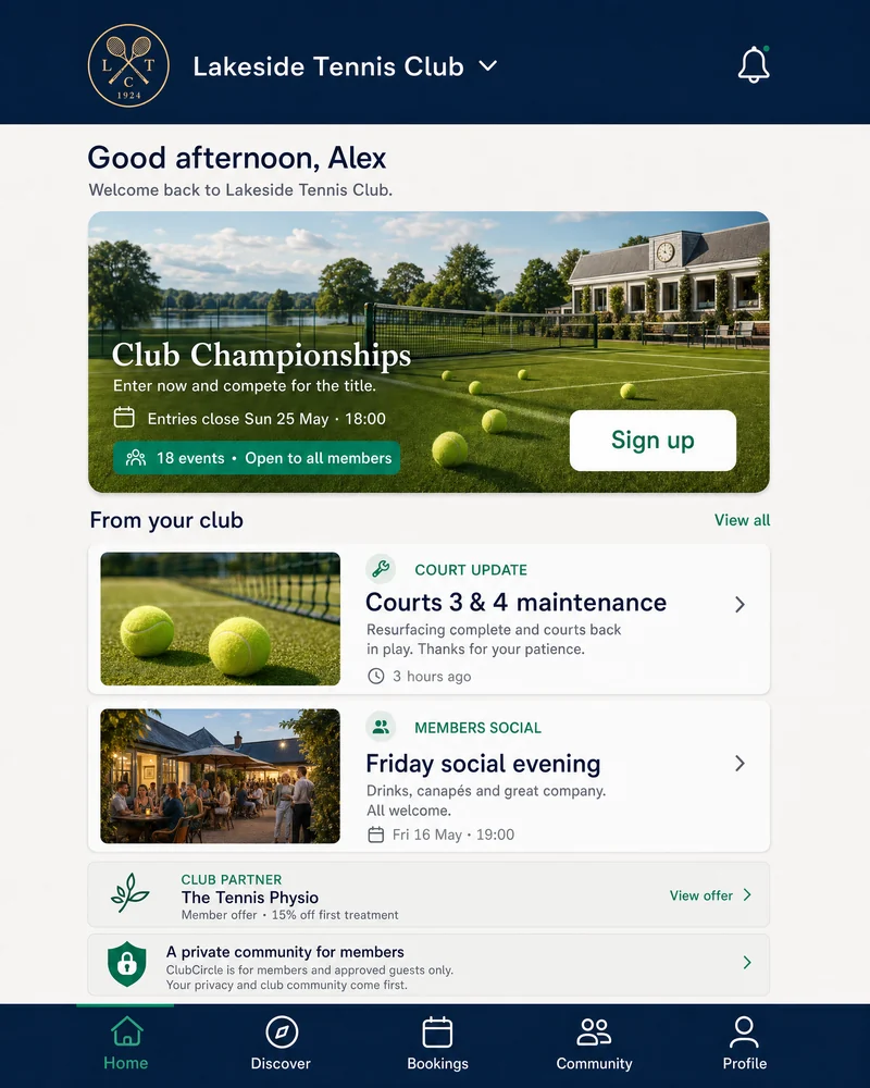 Lakeside Tennis Club member app concept showing club championships, court updates and a members social