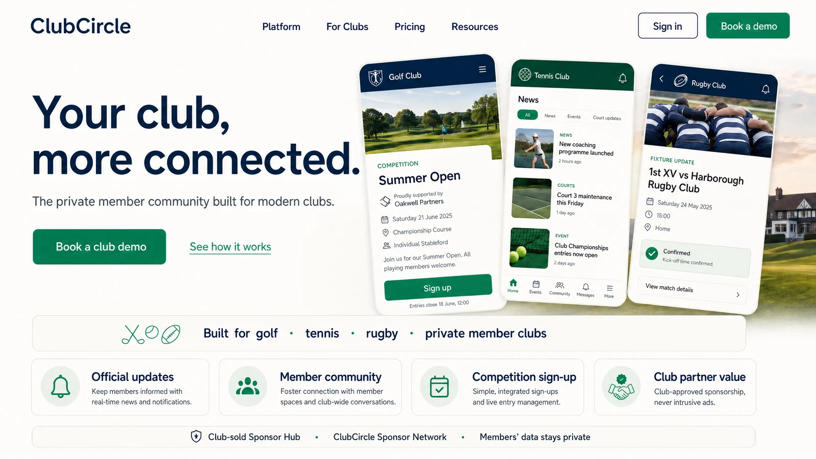 ClubCircle public homepage concept showing golf, tennis and rugby club member experiences